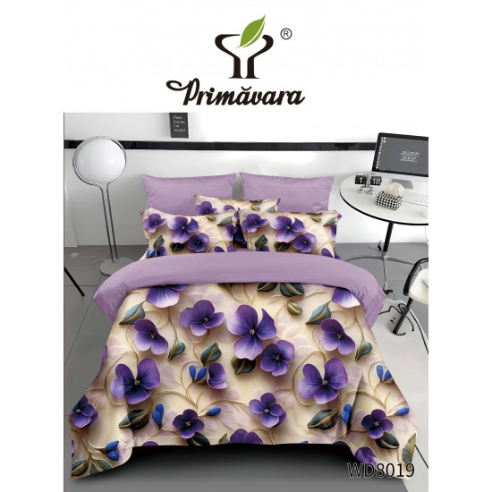 Lenjerie Pat 4 Piese 5D cu Cearșaf Elastic – Model Floral Elegant Crem și Mov, LFL-045 Lenjerii Finet Premium Lux