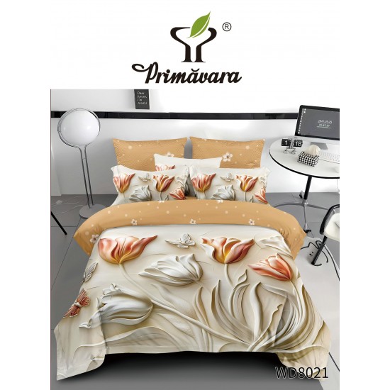 Lenjerie Pat 4 Piese 5D cu Cearșaf Elastic – Model Floral Elegant Crem și Bej, LFL-046 Lenjerii Finet Premium Lux