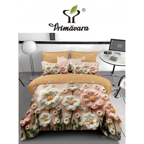 Lenjerie Pat 4 Piese 5D cu Cearșaf Elastic – Model Floral Elegant Alb și Bej, LFL-047 Lenjerii Finet Premium Lux