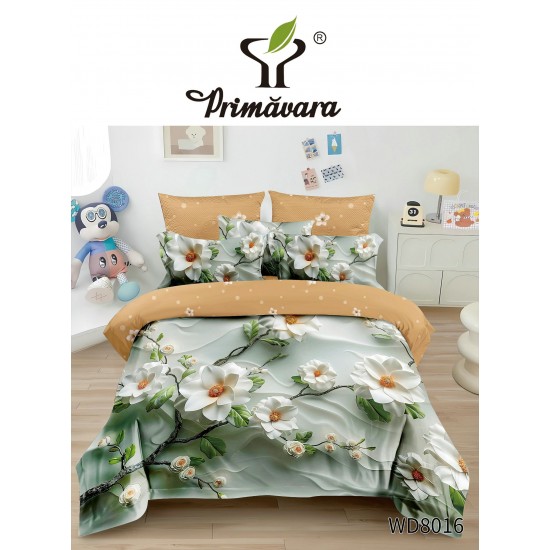 Lenjerie Pat 4 Piese 5D cu Cearșaf Elastic – Model Floral Elegant Verde și Bej, LFL-050 Lenjerii Finet Premium Lux