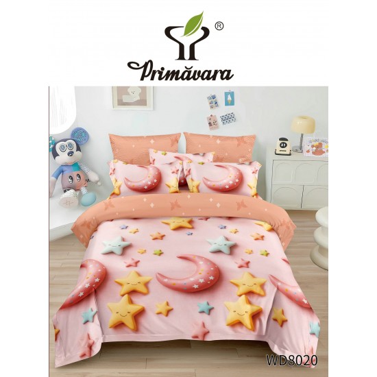 Lenjerie Pat 4 Piese 5D cu Cearșaf Elastic – Model Lună și Stele Roz, LFL-051 Lenjerii Finet Premium Lux