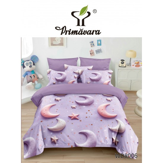 Lenjerie Pat 4 Piese 5D cu Cearșaf Elastic – Model Lună și Stele Lila, LFL-052 Lenjerii Finet Premium Lux