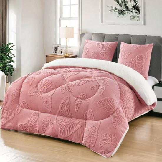 Pilota cu Blană 200x230 cm + 2 Fețe de Pernă – Model Fluturi, Călduroasă și Elegantă, Roz, PDC-143 Pilote Iarna cu Blana