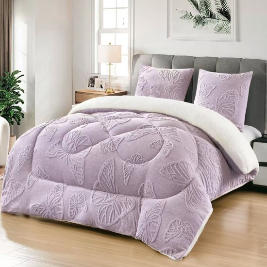 Pilota cu Blană 200x230 cm + 2 Fețe de Pernă – Model Fluturi, Călduroasă și Elegantă, Lila, PDC-140 Pilote Iarna cu Blana