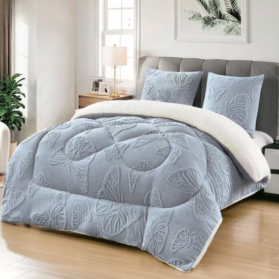 Pilota cu Blană 200x230 cm + 2 Fețe de Pernă – Model Fluturi, Călduroasă și Elegantă, Gri albastrui, PDC-002 Pilote Iarna cu Blana