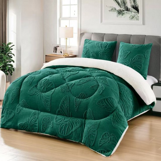 Pilota cu Blană 200x230 cm + 2 Fețe de Pernă – Model Fluturi, Călduroasă și Elegantă, Verde smarald, PDC-100 Pilote Iarna cu Blana