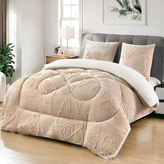 Pilota cu Blană 200x230 cm + 2 Fețe de Pernă – Model Fluturi, Călduroasă și Elegantă, Bej, PDC-138 Pilote Iarna cu Blana
