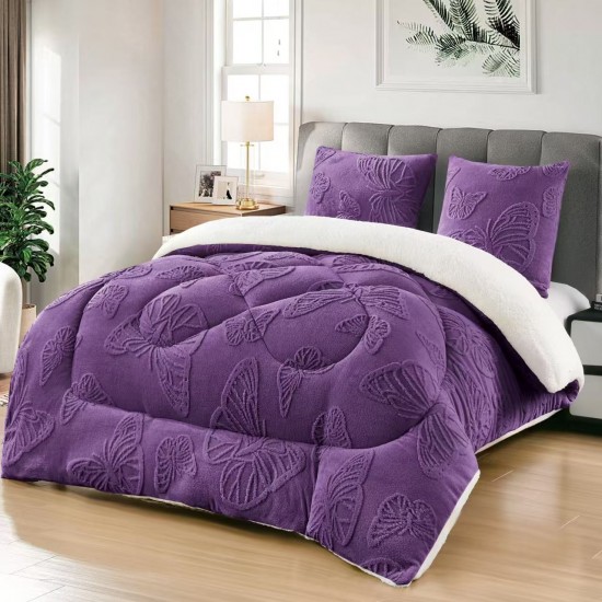 Pilota cu Blană 200x230 cm + 2 Fețe de Pernă – Model Fluturi, Călduroasă și Elegantă, Mov, PDC-016 Pilote Iarna cu Blana