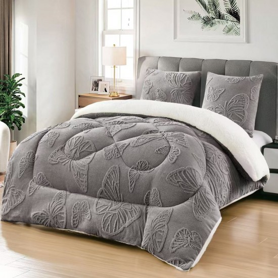 Pilota cu Blană 200x230 cm + 2 Fețe de Pernă – Model Fluturi, Călduroasă și Elegantă, Gri inchis, PDC-015 Pilote Iarna cu Blana