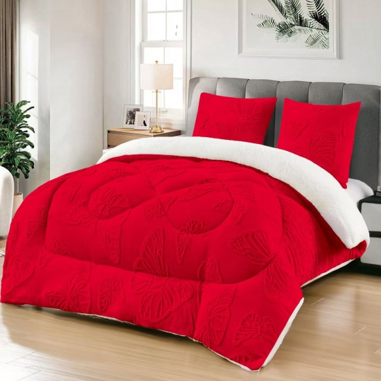 Pilota cu Blană 200x230 cm + 2 Fețe de Pernă – Model Fluturi, Călduroasă și Elegantă, Rosu, PDC-096 Pilote Iarna cu Blana