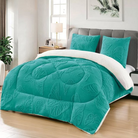Pilota cu Blană 200x230 cm + 2 Fețe de Pernă – Model Fluturi, Călduroasă și Elegantă, Verde deschis, PDC-003 Pilote Iarna cu Blana