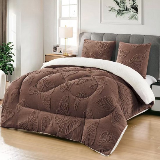 Pilota cu Blană 200x230 cm + 2 Fețe de Pernă – Model Fluturi, Călduroasă și Elegantă, Maro, PDC-046 Pilote Iarna cu Blana