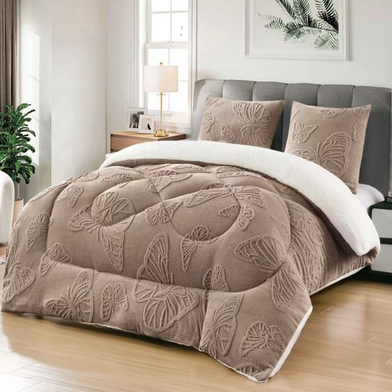 Pilota cu Blană 200x230 cm + 2 Fețe de Pernă – Model Fluturi, Călduroasă și Elegantă, Bej inchis, PDC-012 Pilote Iarna cu Blana