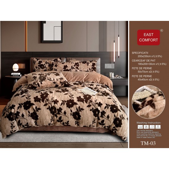 Set Lenjerie Cocolino 6 Piese Pat Dublu Bej cu Blăniță Artificială de Nurcă – Model Flori, LCD-006 Lenjerii Cocolino 6 piese