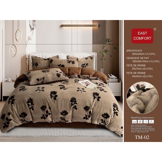 Set Lenjerie Cocolino 6 Piese Pat Dublu Bej cu Blăniță Artificială de Nurcă – Model Flori, LCD-011 Lenjerii Cocolino 6 piese