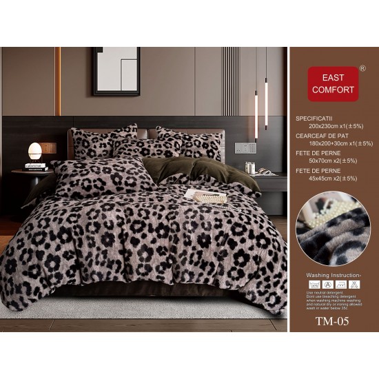 Set Lenjerie Cocolino 6 Piese Pat Dublu Bej cu Blăniță Artificială de Nurcă – Model Animal print, LCD-012 Lenjerii Cocolino 6 piese