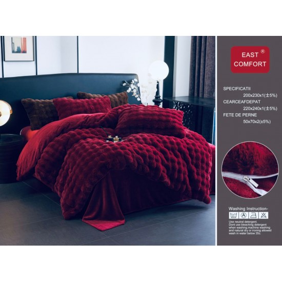 Set Lenjerie Cocolino 4 piese cu blăniță de iepure artificială – Pat dublu, roșu bordo, LCE-013 Lenjerii Blanita Iepure