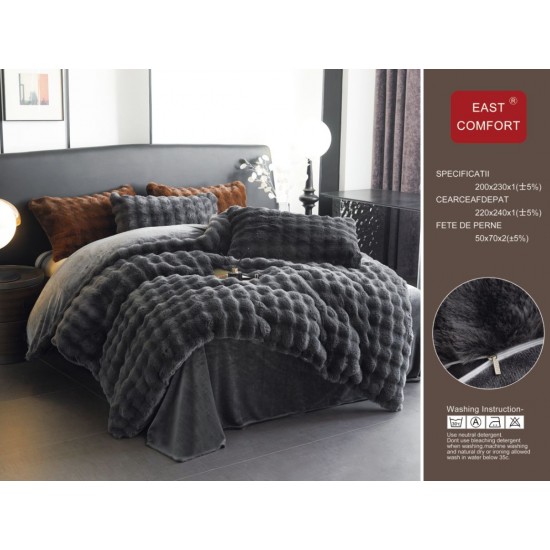 Set Lenjerie Cocolino 4 piese cu blăniță de iepure artificială – Pat dublu, gri inchis, LCE-016 Lenjerii Blanita Iepure