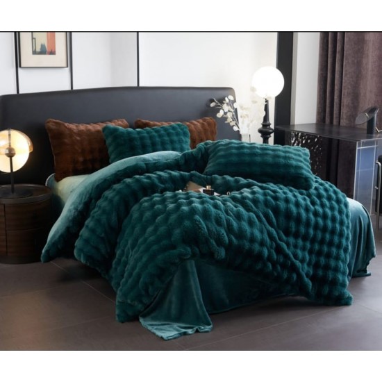 Set Lenjerie Cocolino 4 piese cu blăniță de iepure artificială – Pat dublu, verde, LCE-035 Lenjerii Blanita Iepure