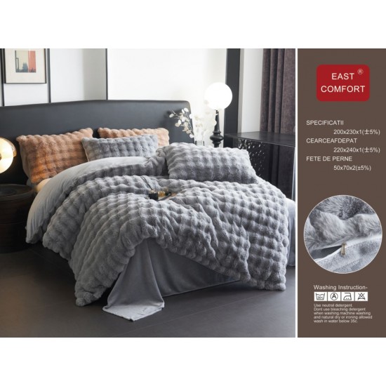 Set Lenjerie Cocolino 4 piese cu blăniță de iepure artificială – Pat dublu, gri deschis, LCE-072 Lenjerii Blanita Iepure