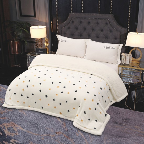 Pătură Cocolino cu blăniță 200x230 cm – moale, călduroasă și premium - Alb, model stele, PBC-002 Paturi cu Blanita