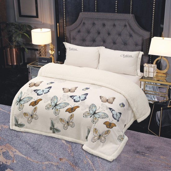 Pătură Cocolino cu blăniță 200x230 cm – moale, călduroasă și premium - Alb, model fluturi, PBC-006 Paturi cu Blanita