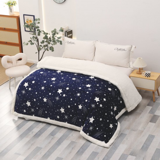 Pătură Cocolino cu blăniță 200x230 cm – moale, călduroasă și premium - Albastru, model stele, PBC-008 Paturi cu Blanita