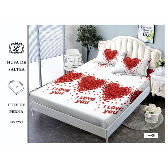 Cearșaf cu Elastic și 2 Fețe de Pernă – Model Inimi Roșii, 180x200 cm, OHT-026 3 huse la 159 lei