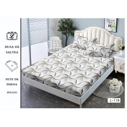 Cearșaf cu Elastic și 2 Fețe de Pernă – Model Geometric Abstract, Alb-Gri cu Accente Aurii, 180x200 cm, OHT-040