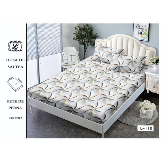 Cearșaf cu Elastic și 2 Fețe de Pernă – Model Geometric Abstract, Alb-Gri cu Accente Aurii, 180x200 cm, OHT-040 3 huse la 159 lei