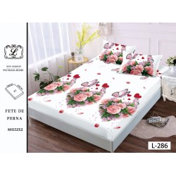 Cearșaf cu Elastic și 2 Fețe de Pernă – Model Floral cu Trandafiri Roz și Fluturi, 180x200 cm, OHT-082
