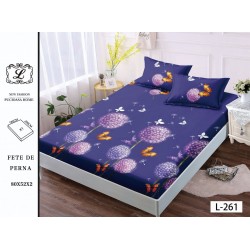 Cearșaf cu Elastic și 2 Fețe de Pernă – Model Floral cu Păpădii Mov și Fluturi Portocalii, 180x200 cm, OHT-079