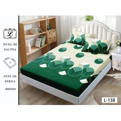 Cearșaf cu Elastic și 2 Fețe de Pernă – Model Geometric Verde-Bej, 180x200 cm, OHT-067