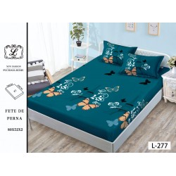 Cearșaf cu Elastic și 2 Fețe de Pernă – Model Fluturi și Ornamente, Verde Petrol, 180x200 cm, OHT-049