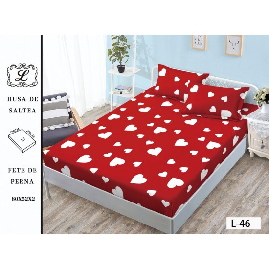 Cearșaf cu Elastic și 2 Fețe de Pernă – Model Inimi Albe pe Fundal Roșu, 180x200 cm, OHT-054 3 huse la 159 lei