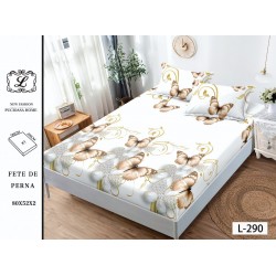 Cearșaf cu Elastic și 2 Fețe de Pernă – Model Fluturi Aurii și Bej pe Fundal Alb, 180x200 cm, OHT-077