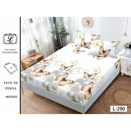 Cearșaf cu Elastic și 2 Fețe de Pernă – Model Fluturi Aurii și Bej pe Fundal Alb, 180x200 cm, OHT-077 3 huse la 159 lei