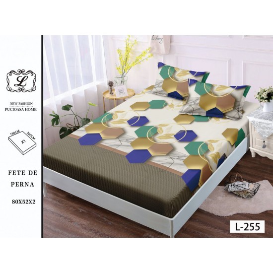 Cearșaf cu Elastic și 2 Fețe de Pernă – Model Geometric Hexagoane Multicolor, 180x200 cm, OHT-048 3 huse la 159 lei