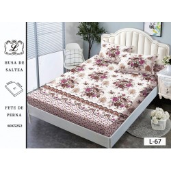 Cearșaf cu Elastic și 2 Fețe de Pernă – Model Floral Mov-Maroniu pe Fundal Crem, 180x200 cm, OHT-056