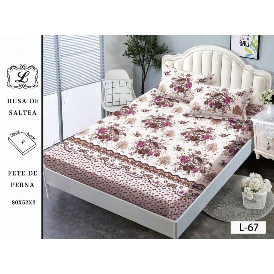 Cearșaf cu Elastic și 2 Fețe de Pernă – Model Floral Mov-Maroniu pe Fundal Crem, 180x200 cm, OHT-056 3 huse la 159 lei