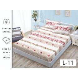 Cearșaf cu Elastic și 2 Fețe de Pernă – Model Floral cu Trandafiri Roz și Verde, 180x200 cm, OHT-050