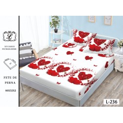 Cearșaf cu Elastic și 2 Fețe de Pernă – Model Inimi Roșii, 180x200 cm, Design Romantic, OHT-069