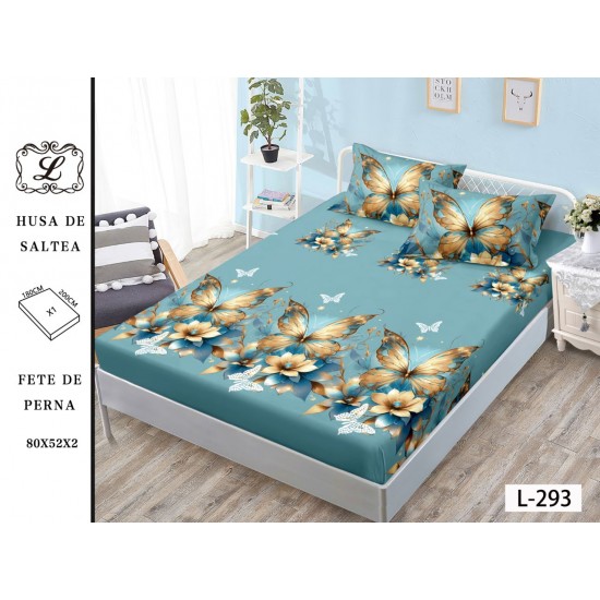 Cearșaf cu Elastic și 2 Fețe de Pernă – Model Fluturi Aurii și Flori Albastre, 180x200 cm, OHT-044 3 huse la 159 lei