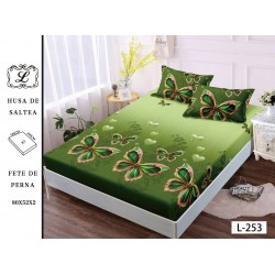 Cearșaf cu Elastic și 2 Fețe de Pernă – Model Fluturi Verzi, 180x200 cm, OHT-080