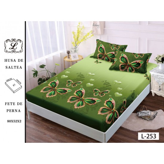 Cearșaf cu Elastic și 2 Fețe de Pernă – Model Fluturi Verzi, 180x200 cm, OHT-080 3 huse la 159 lei