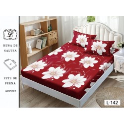 Cearșaf cu Elastic și 2 Fețe de Pernă – Model Floral Roșu cu Flori Albe, 180x200 cm, OHT-051