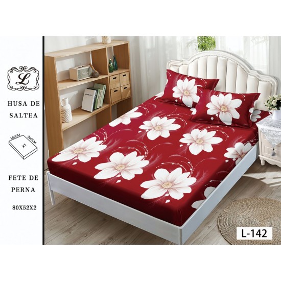 Cearșaf cu Elastic și 2 Fețe de Pernă – Model Floral Roșu cu Flori Albe, 180x200 cm, OHT-051 3 huse la 159 lei