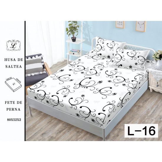 Cearșaf cu Elastic și 2 Fețe de Pernă – Model Alb cu Imprimeu Negru, 180x200 cm, OHT-003 3 huse la 159 lei