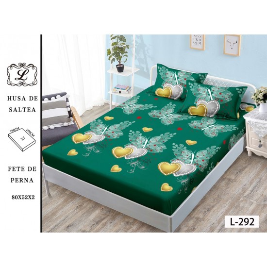 Cearșaf cu Elastic și 2 Fețe de Pernă – Verde cu Inimi Aurii și Argintii, 180x200 cm, OHT-007 3 huse la 159 lei