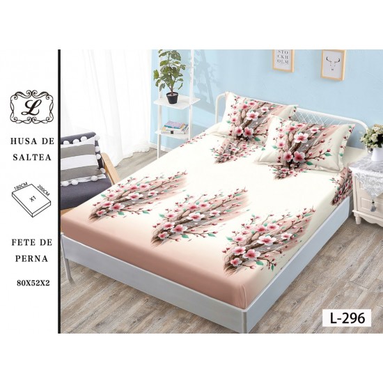 Cearșaf cu Elastic și 2 Fețe de Pernă – Crem cu Flori Roz, 180x200 cm, OHT-012 3 huse la 159 lei